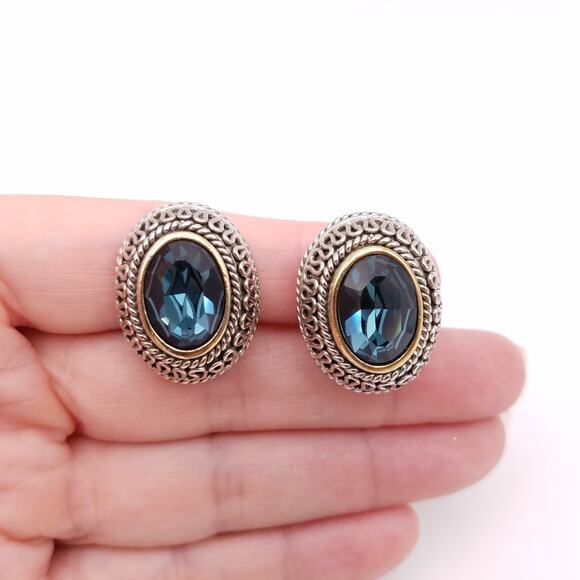 John Candice Oval Aqua Blue Faceted Crystal Two Tone Clip On Earrings Statement - Picture 1 of 5